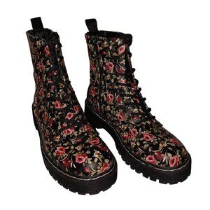 Union Bay Floral Womens Moto Combat Boots Chunky Lace Up Black/Red Rose Size 8M